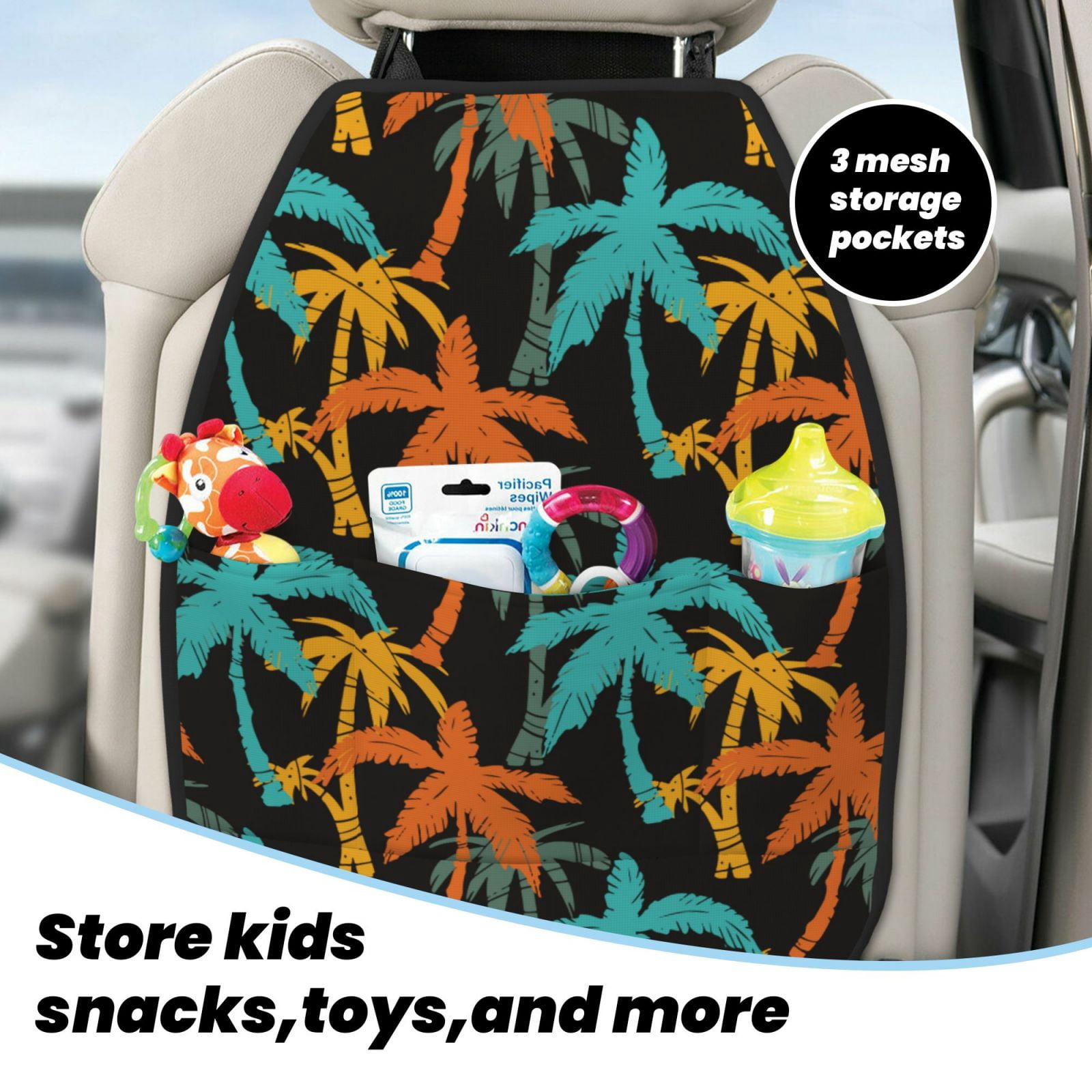 Kdxio Palm Trees Print 2 Pack Car Kick Mat Seat Cover Back Protector Mat with Pockets for Organizer Backseat Protector and Storage Anti Kick Pad for Vehicles