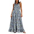 thumbnail image 3 of Yeaiivve Summer Dress for Women Vintage Floral Tie Strap Maxi Dresses Round Neck High Waist Tiered Ruffle Hem Long Sundress Blue,XL, 3 of 9