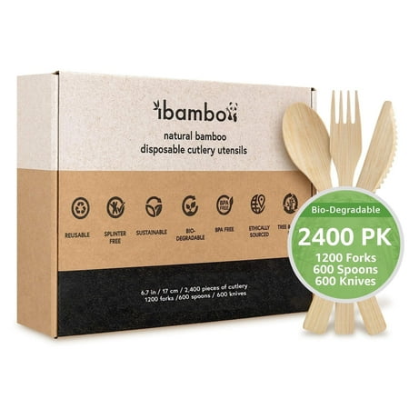 

IBambo Disposable Flatware 2400-Piece Sustainable Bamboo Cutlery Set with Natural Bamboo Handles