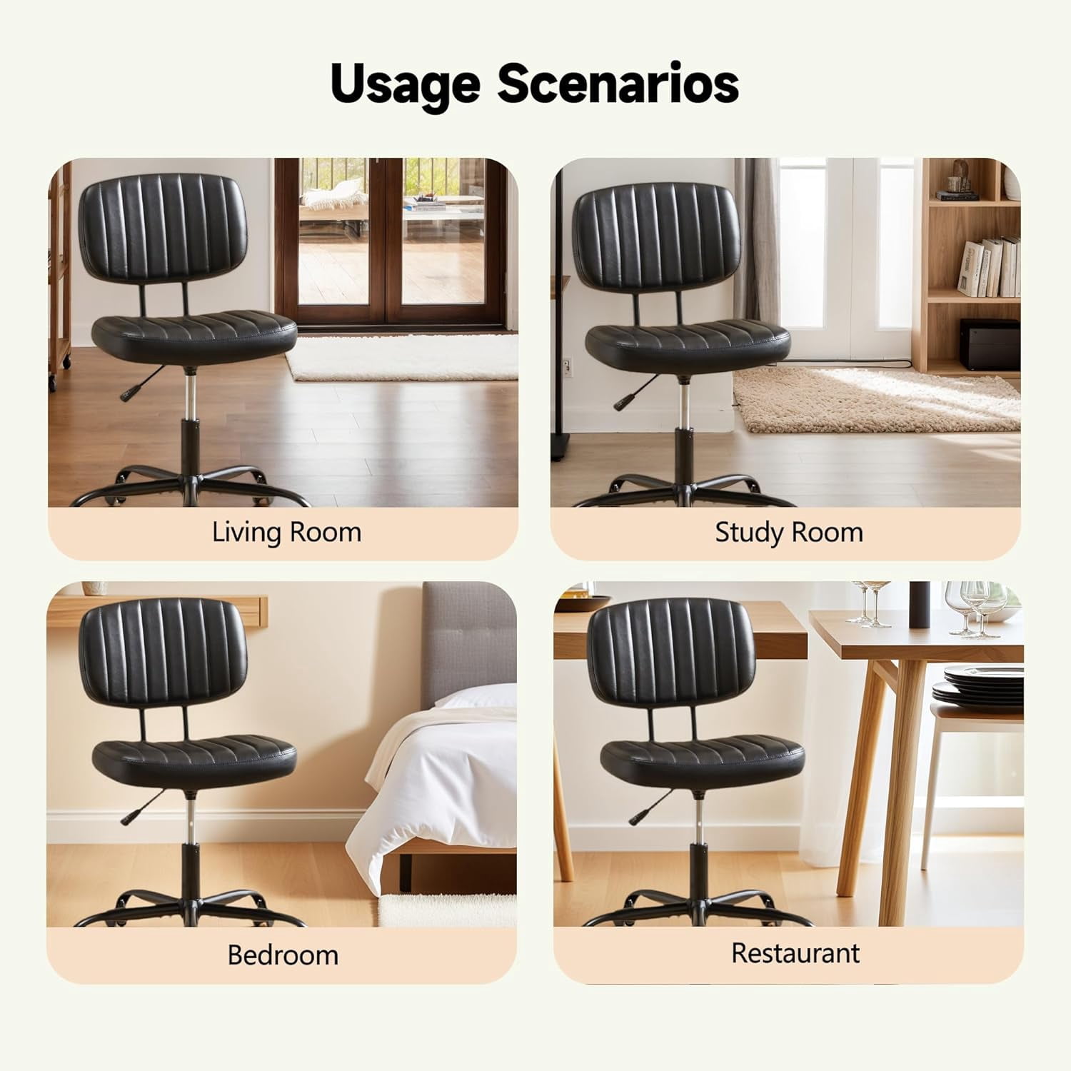 ENYLAY Small Armless Home Office Desk Chair, Ergonomic Cute Chair PU Leather with Adjustable Swivel Rolling Comfy Task Study Chair with Lumbar Support for Adult and Student, Bedroom (Black)
