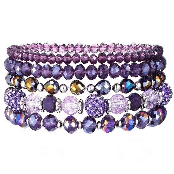 DESIGNICE 5 PCS Bohemian Beaded Bracelets for Women,Stackable Purple Bracelets for Women,Multilayered Purple Crystal Beaded Bracelet Costume Jewelry Boho Stretch Bracelet for Lady Girls