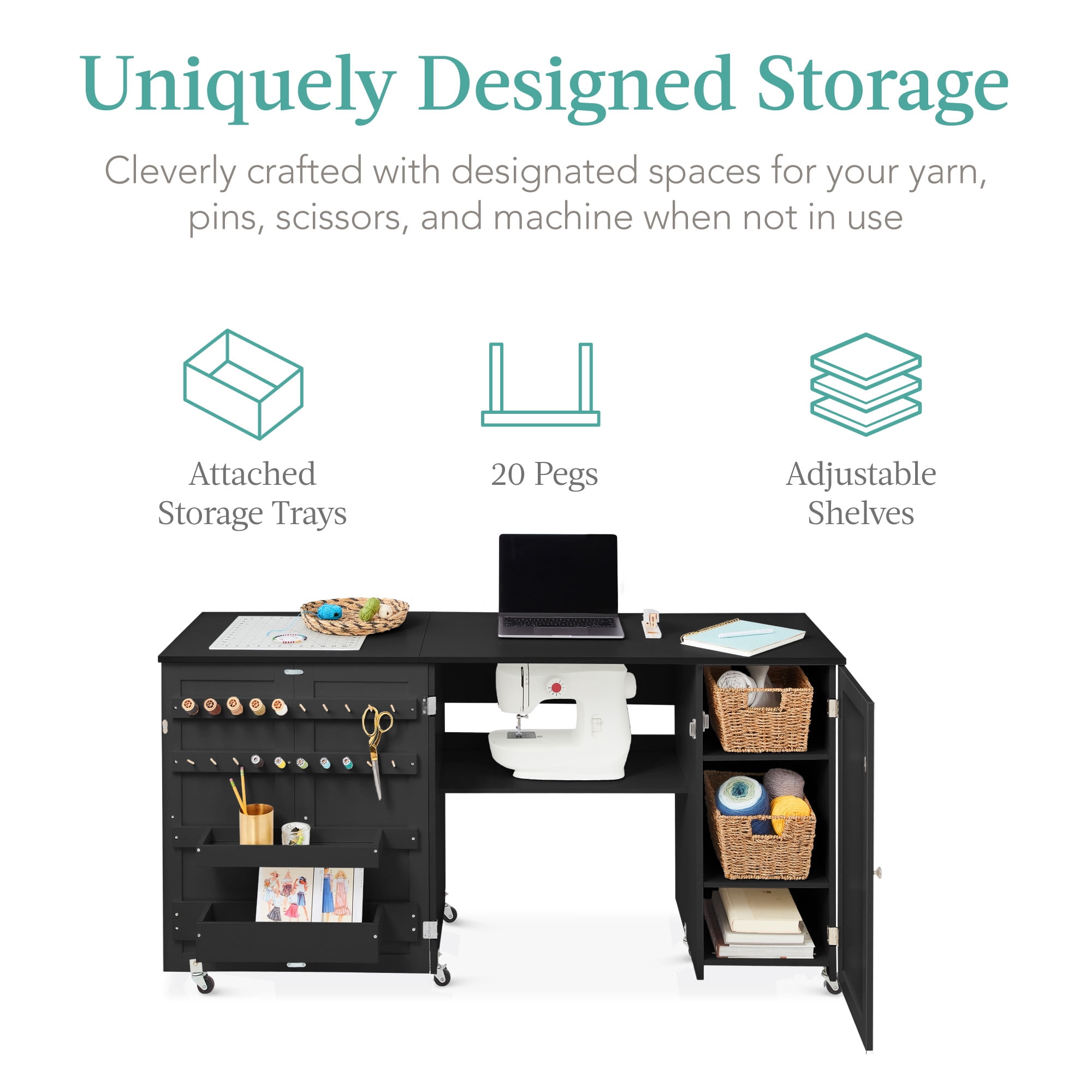 Best Choice Products Large Portable Multipurpose Folding Sewing Table w/ Magnetic Doors, Craft Storage - Black