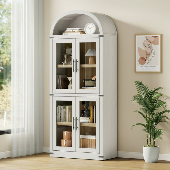 Kojooin Glass Door Arched Bookcase, 6-Tier Wooden Display Cabinet with Shelves for Books, Collectibles and Home Decor