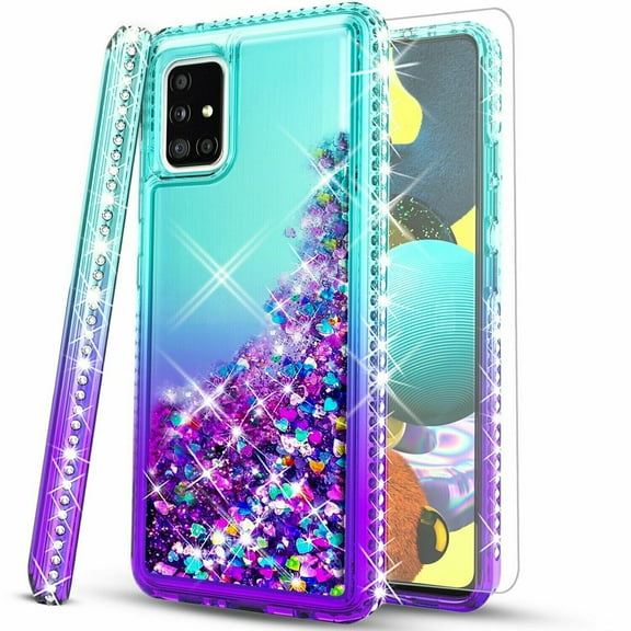 Samsung Galaxy A31 Case,  with [Tempered Glass Protector Included] Liquid Floating Glitter Quicksand Bling with Spot Diamond Cover - Teal/Purple