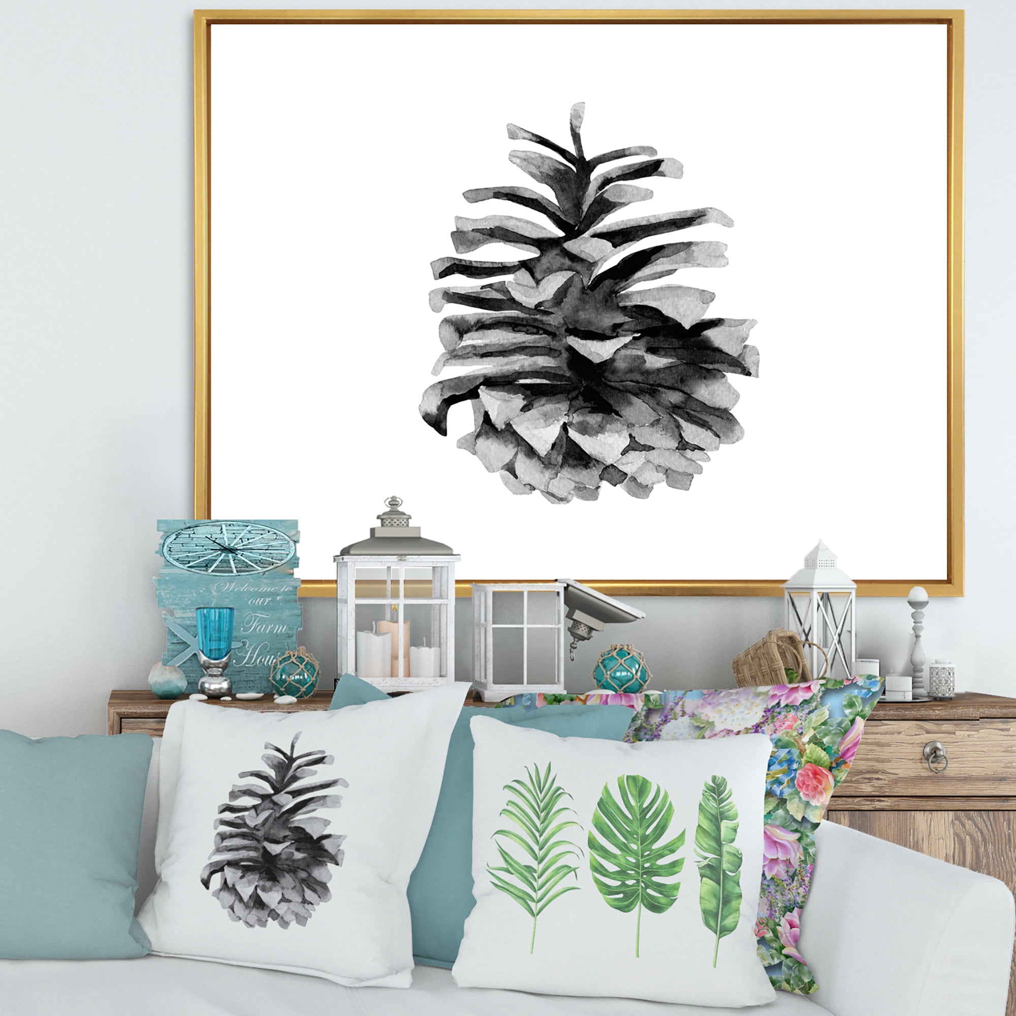 Designart 'Conifer Cone Black and White' Traditional Framed Canvas Wall Art Print