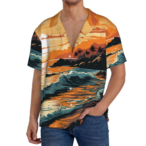 Logiee Serene Ocean Sunset Print Men's Button Down Shirts Short Sleeve, Summer Beach Shirts,Vacation Wedding Shirts,Men's Casual Button-Down Shirts with Pocket-Small