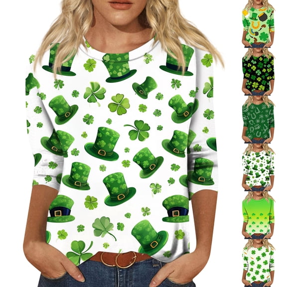 Womens St Patricks Day Plus Size 3/4 Sleeve T Shirts Funny Green Shamrock Graphic Saint Patrick's Day Tee Tops Green M