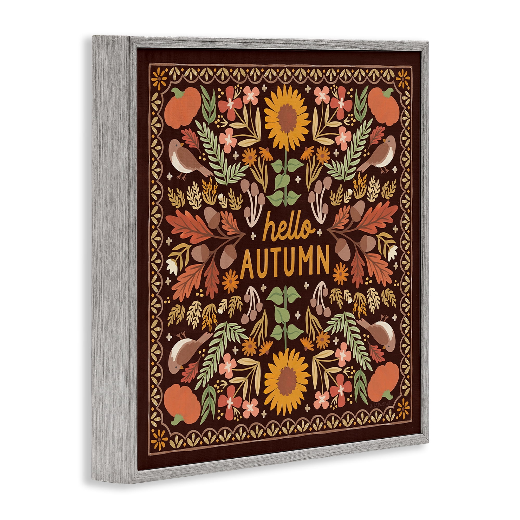 Stupell Industries Hello Autumn on Brown Landscape Painting Gray Framed Art Print Wall Art, 12 x 12