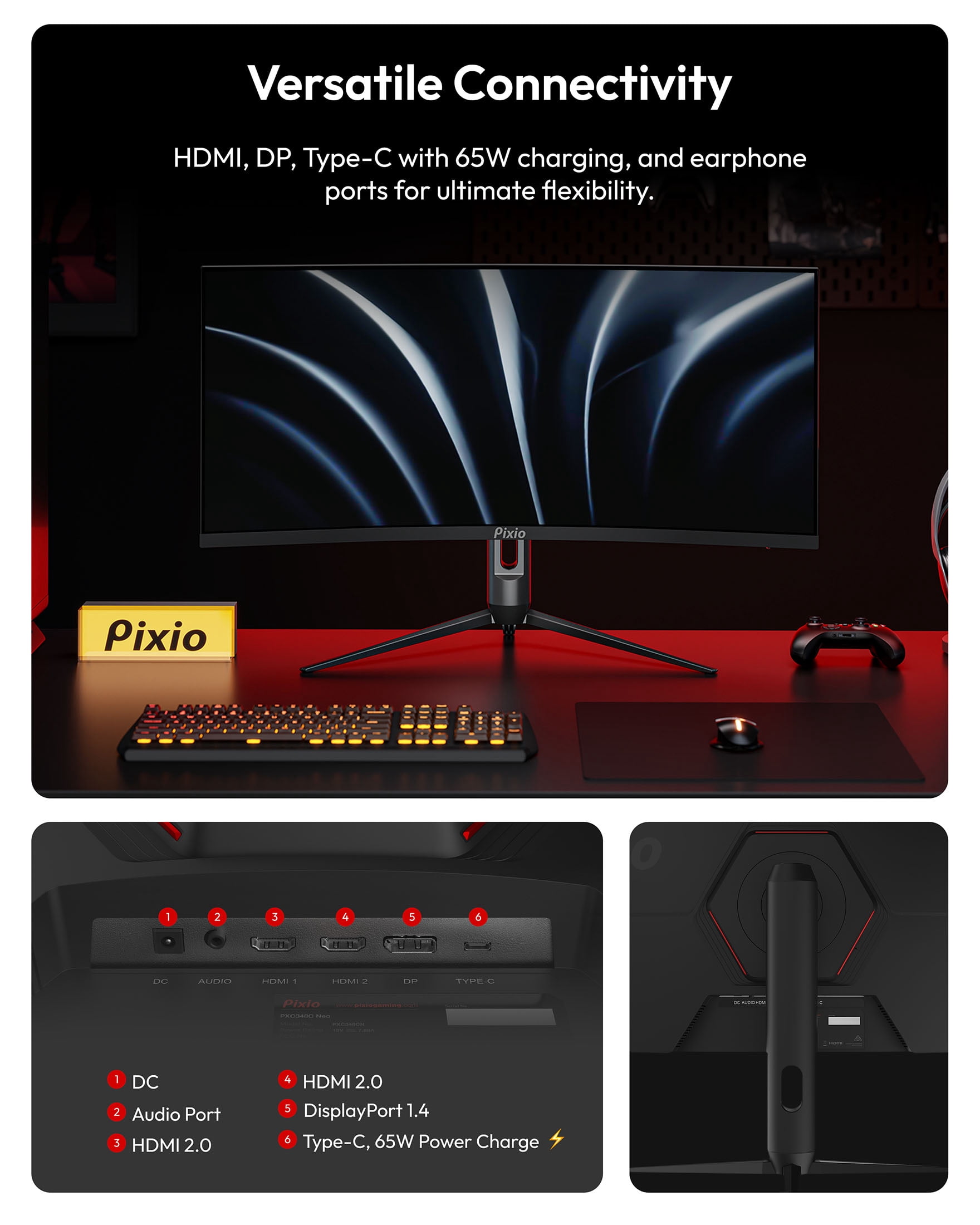 Pixio PXC348C Neo 34 inch 180Hz Refresh Rate UWQHD 1440p Ultrawide Resolution 1000R Curve Fast VA Panel 1ms Response Time USB-C Displayport 65W Charging Adaptive Sync HDR Curved Gaming Monitor