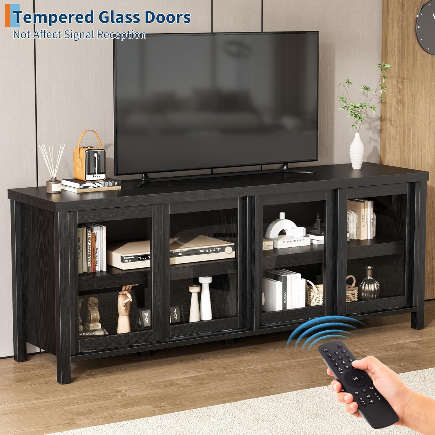 TV Stand for 65 Inch, Entertainment Center with Storage Cabinet and 4 Sliding Glass Doors, Mid Century Modern Media TV Console Table for Living Room Bedroom