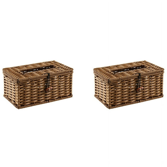2X Caja de pañuelos de imitación de ratán Caja de pañuelos Elegante decoración del hogar Caja de pañuelos de escritorio hecha a mano Caja de almacenamiento de servilletas 21X12cm