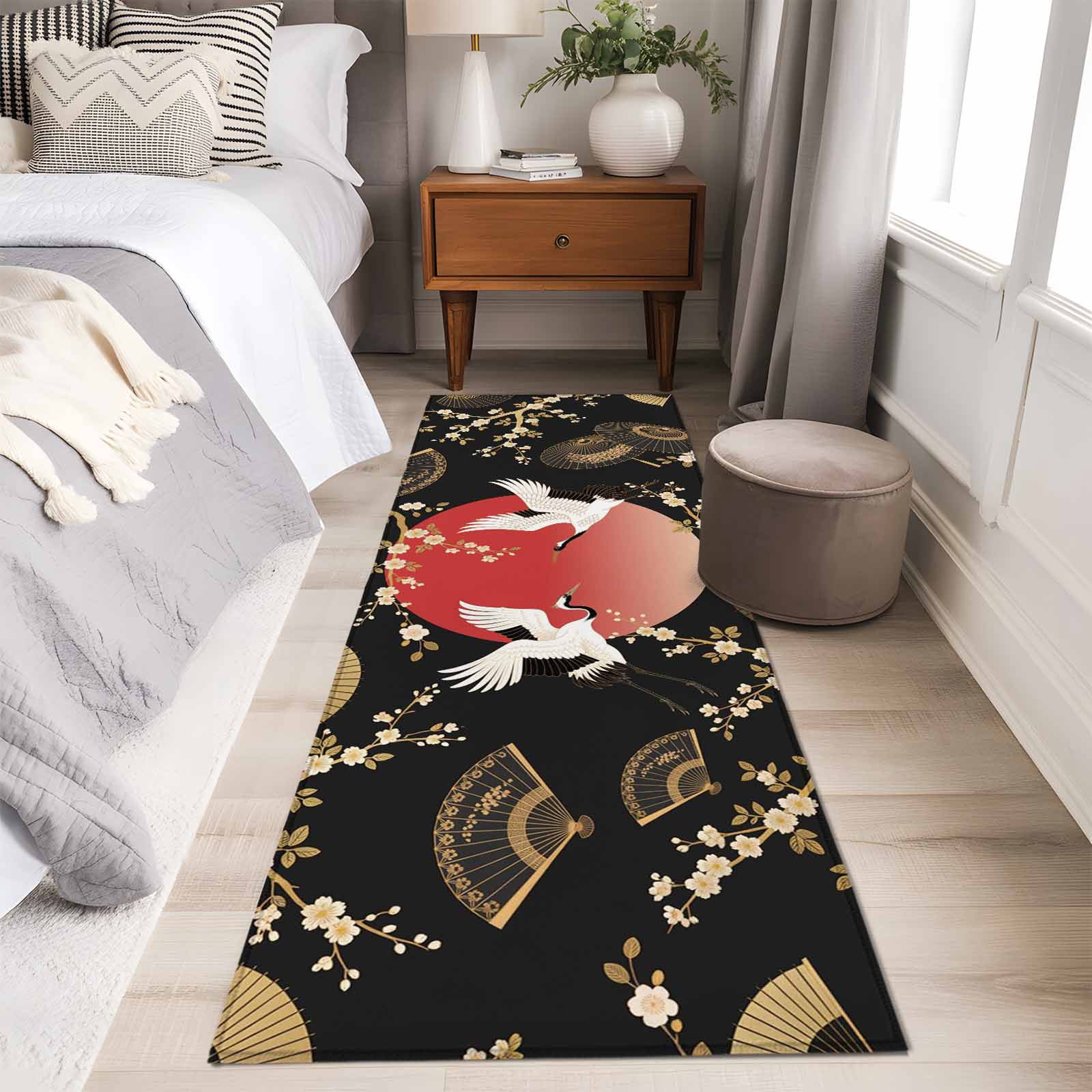 Area Rug 2x6ft Cherry Blossom Crane Carpets Indoor Floor Area Mat Washable Entrance Mat Rugs for Living Room Dining Room Kitchen Bedroom, Paper Fan Japanese Style Sofa Throw Carpet
