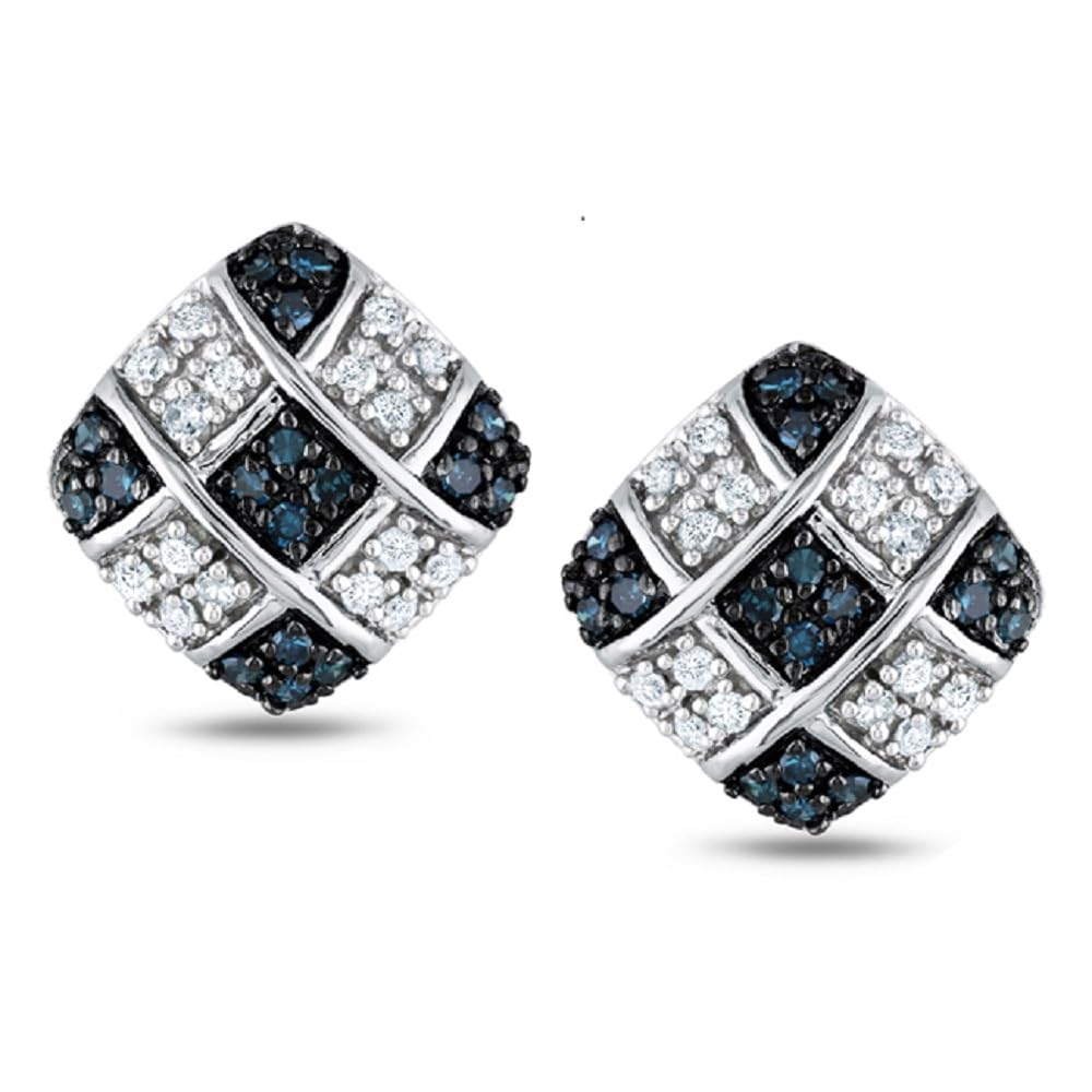 1/3 Carat Total Weight (CTTW) Natural Blue and White Diamonds Cushion Shape Earrings in 925 Sterling Silver - Solitaire Look, Gift for Women/Unisex