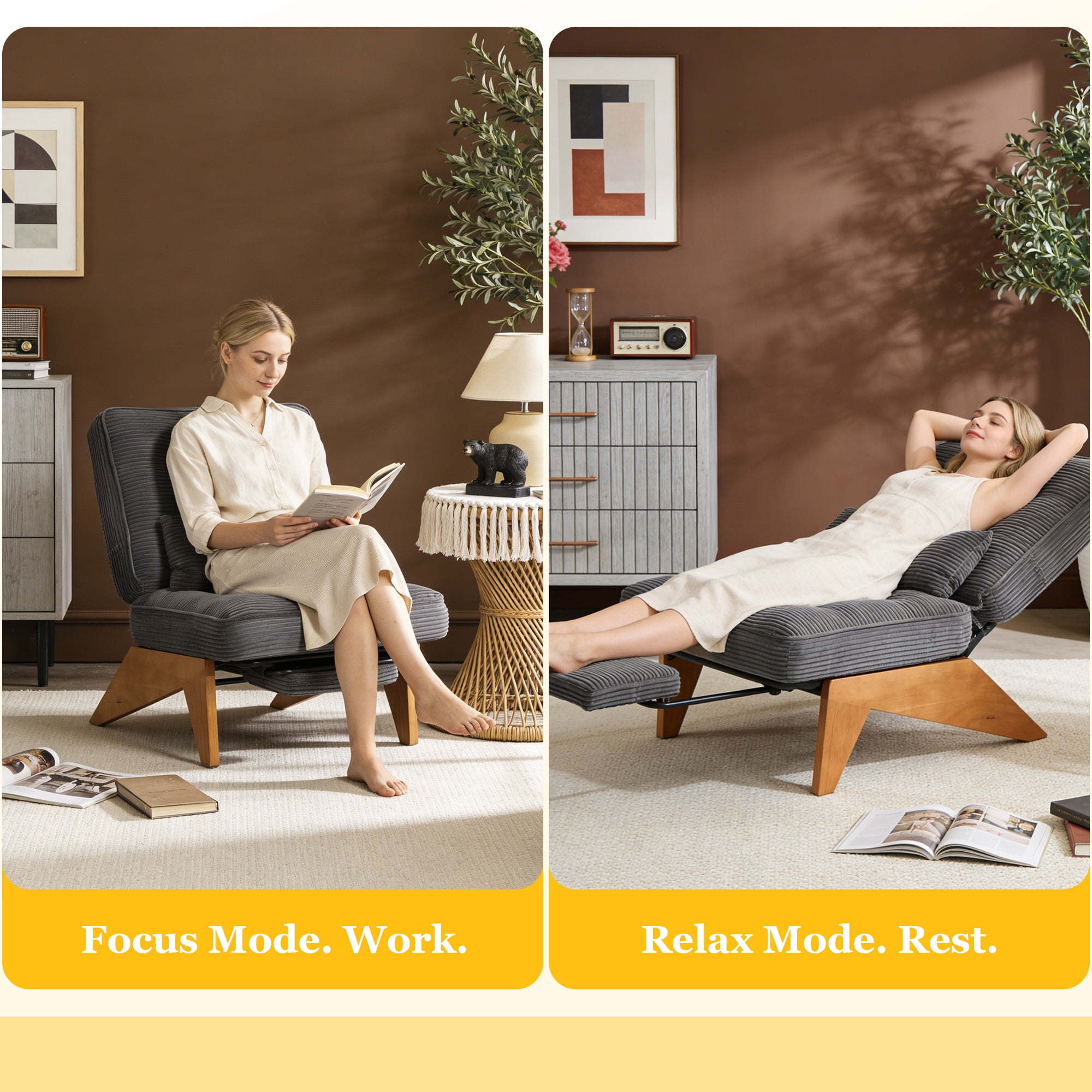 MOONMISS Modern Adjustable Lounge Chair with Footrest,Wooden Base Upholstered Recliner for Reading Rest Corduroy