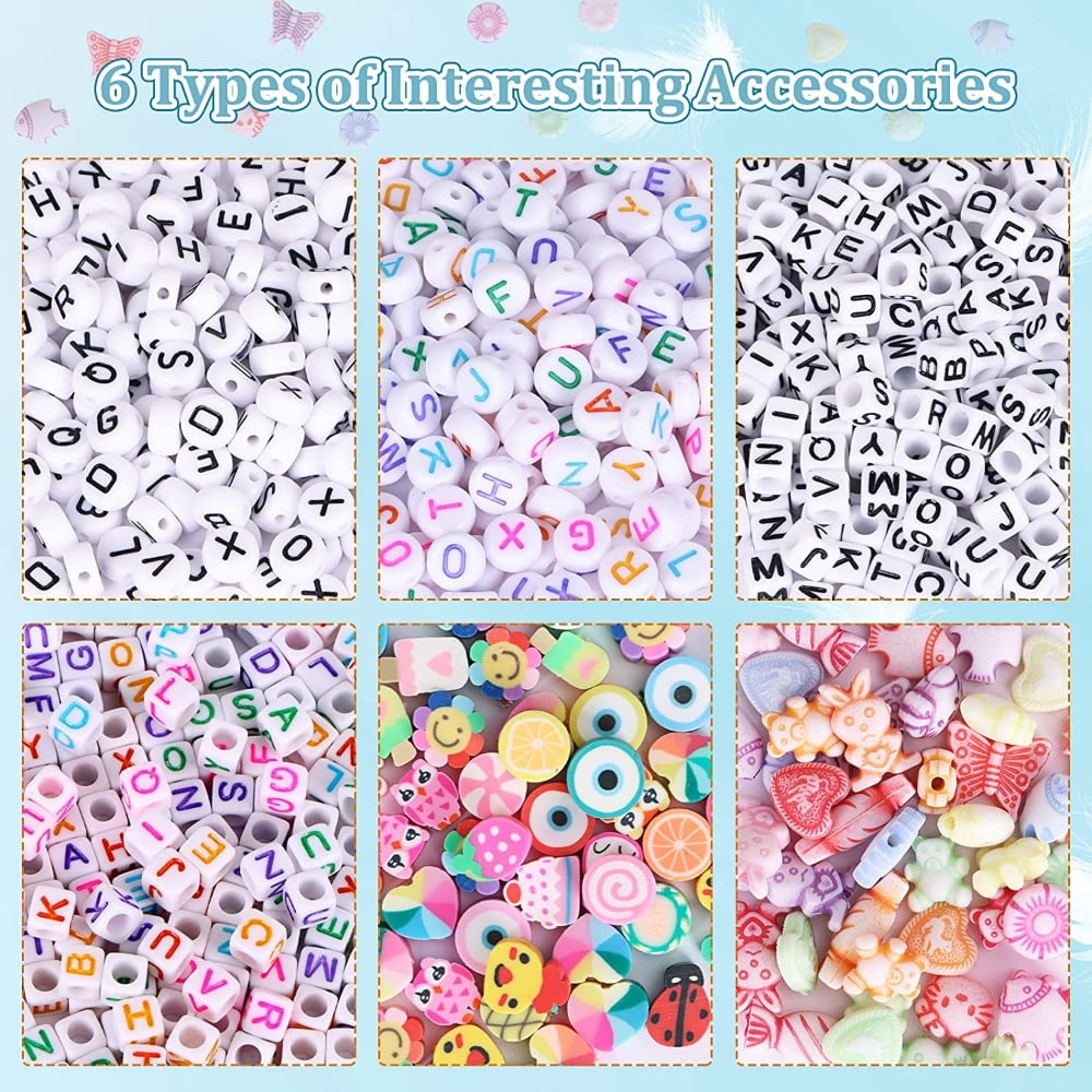 4300pcs, 60 Colors Pony Beads, Christmas Gifts, Crafts Beads for Jewelry Making with Letter Beads, Charm Beads, Smiley Face Fruit Beads and Elastic Strings for Bracelet Necklace Making