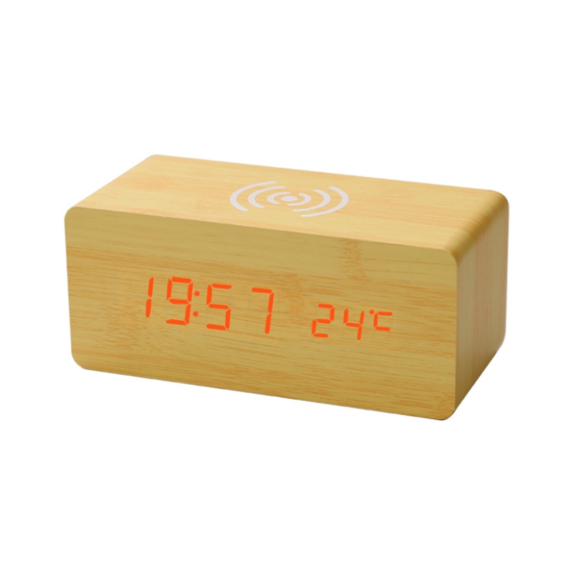 Wooden Electric Alarm Clock with Wireless Charging Pad LED Digital