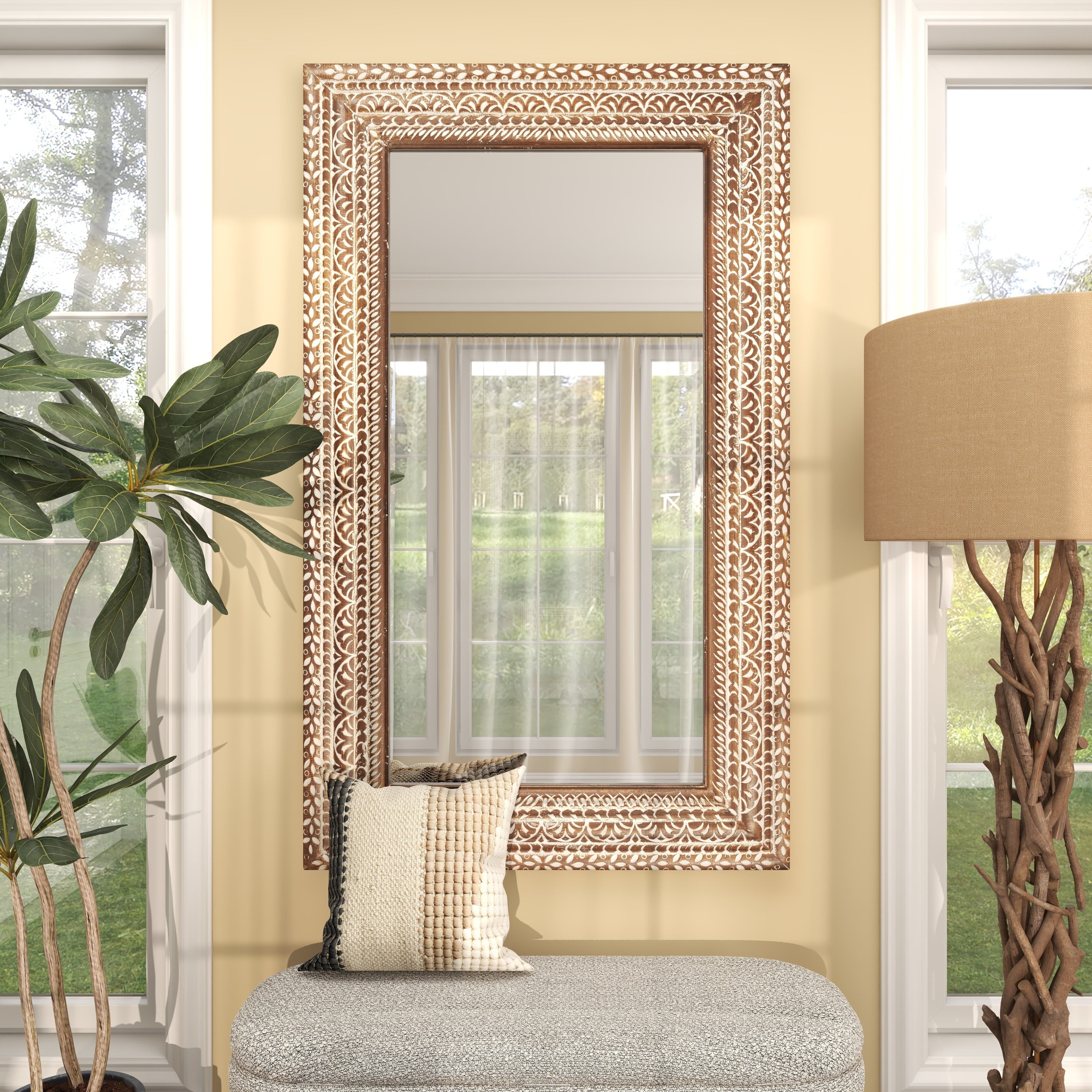 Brown Wood Handmade Intricately Carved Floral Wall Mirror - 36 x 3 x 48 -  On Sale - Bed Bath & Beyond - 32085695