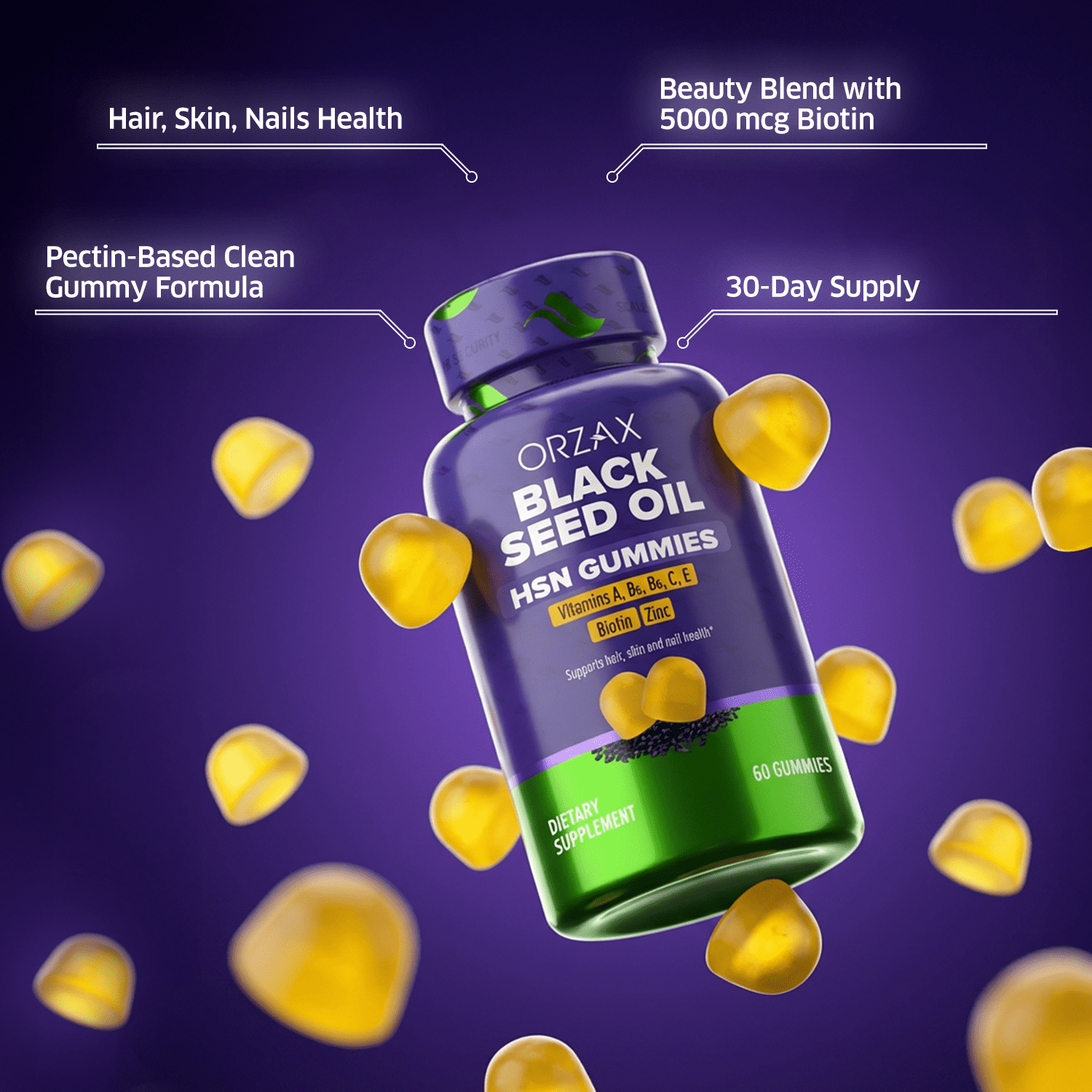 ORZAX Black Seed Oil HSN Gummies 500mg – Hair Skin Nails Support with Biotin, Vitamin C, A, E & Zinc – Pectin Based Gummy - 2 Months Supply