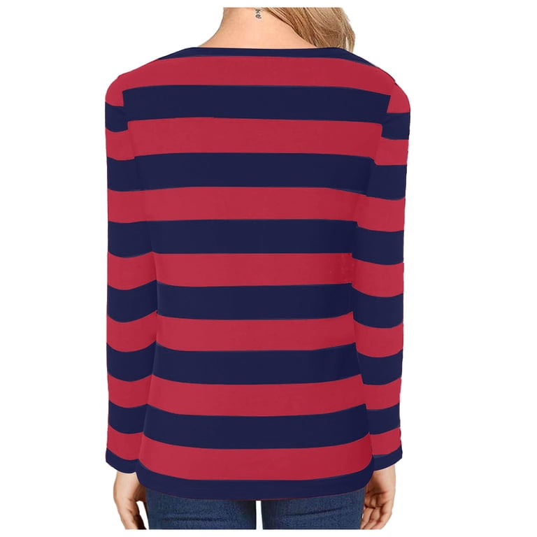 Olyvenn Women's Long Sleeve Crew Neck T-Shirt Red Blue Horizontal