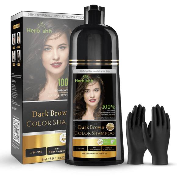 Herbishh Champú Tinte Marrón Oscuro 500 ml, champú colorante para canas, tinte capilar natural 3 en 1, fórmula sin amoníaco, coloración para mujeres y hombres, larga duración.