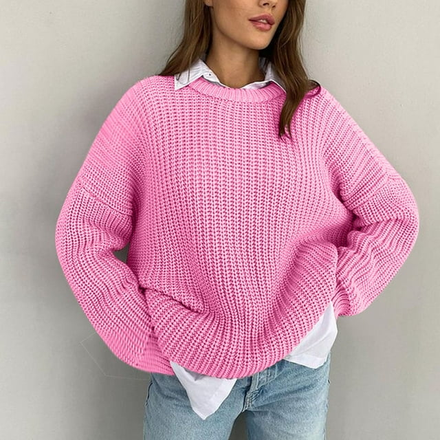 Cameland Chandail pour Femmes Nouveau Chandail Ample Col Rond Couleur Unie Manches Longues Style Décontracté Tricoté