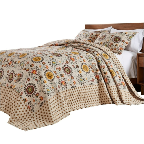 Benjara Dorra 3pc King Bedspread Set, 2 Shams, Floral Crest, Beige Yellow Cotton