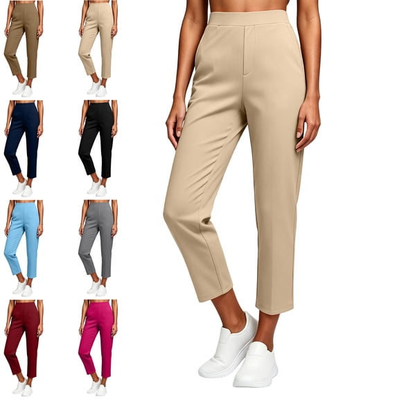 MLCDZ Womens Travel Pants Lightweight Elastic Waist Stretch Capri Pants with Multiple Pockets Petite Ankle Dressy Golf Work Business Casual Slacks