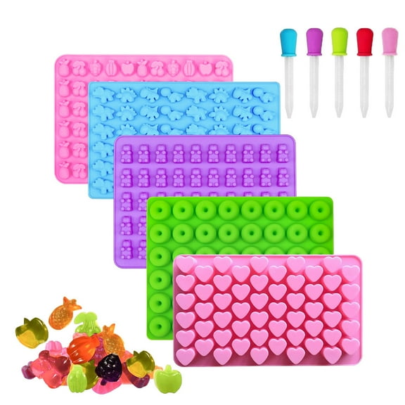 WLGJL Gummy Bear Candy Molds Silicone, Including Fruit, Mini Dinosaur, Bear Shape, Hearts and Mini Donut, Set of 5