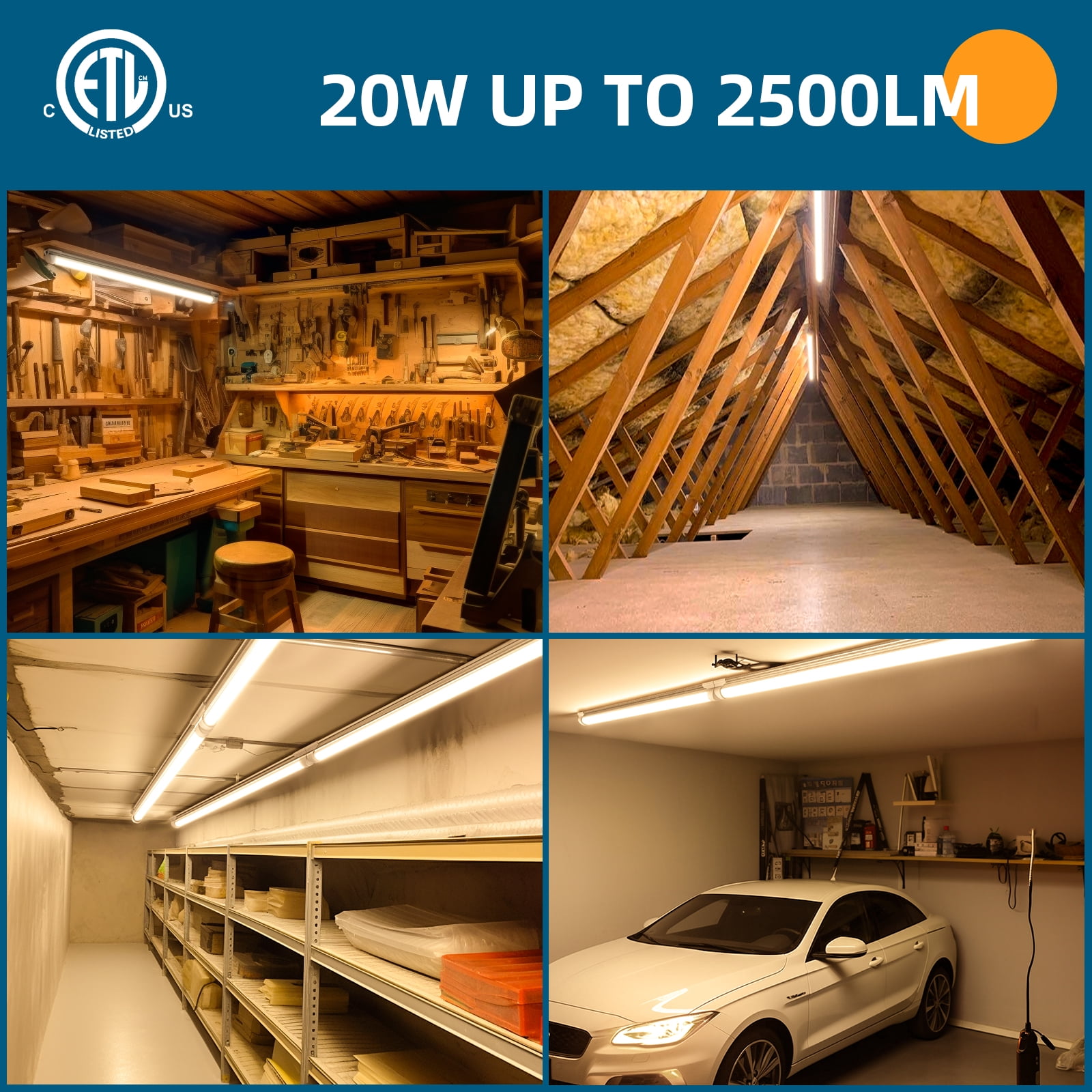 Barrina LED Shop Light 2FT, 20W 2500LM 3000K, Clear Cover Linkable LED Tube Lights, V Shape Integrated T8 LED Lighting, LED Ceiling Lights for Garage, Warehouse, Workshop, ETL Listed, 2 Pack