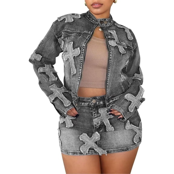 2 Piece Denim Skirt Set for Women Y2K Long Sleeve Zipper Jean Jacket Top Mini Skirt Bodycon Set Two Piece Outfits