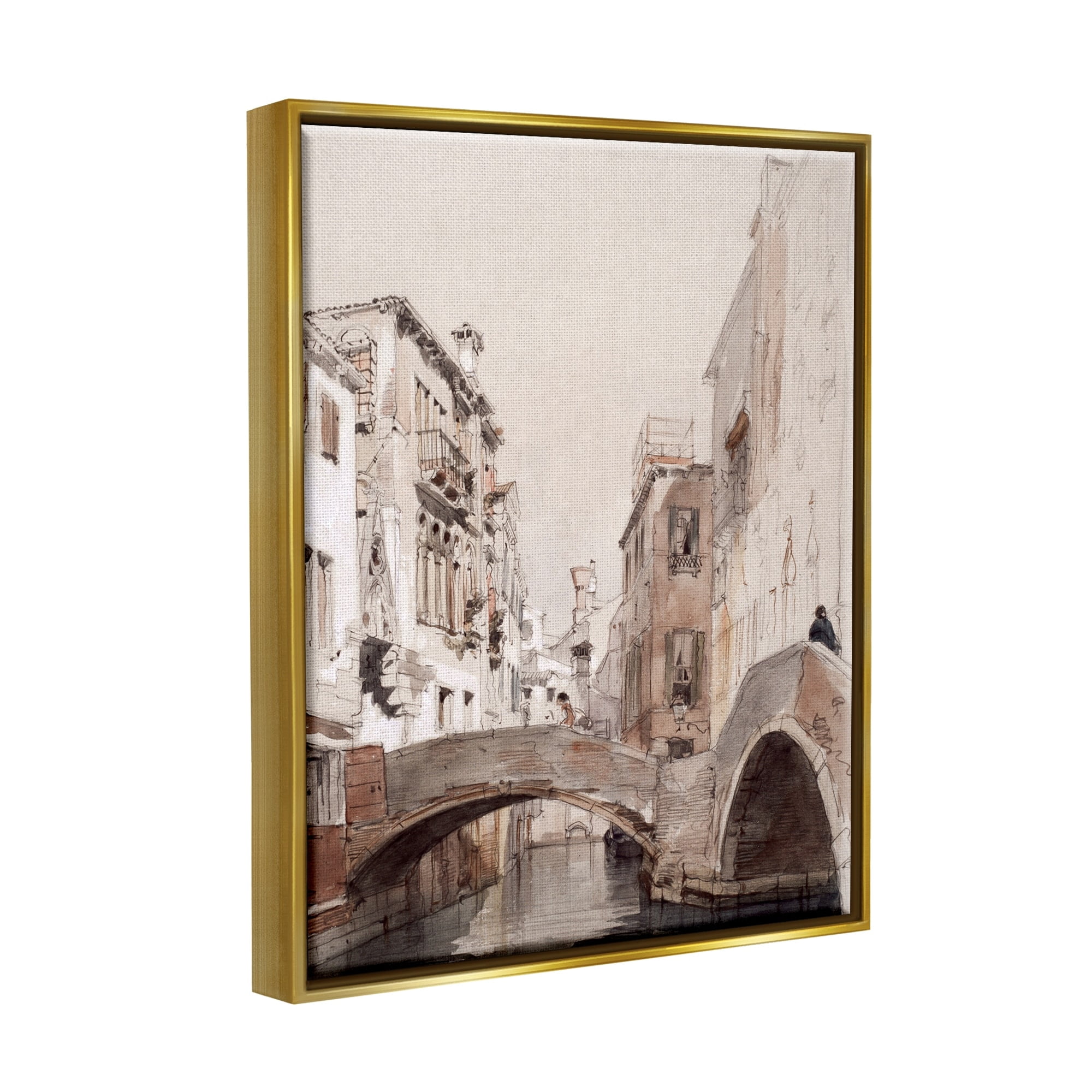 Stupell Industries Arched Bridge Over Canal Quaint Town Buildings Painting Metallic Gold Floating Framed Canvas Print Wall Art, Design by Lettered and Lined