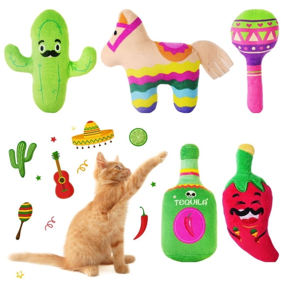 5 juguetes de hierba gatera, juguetes para gatos Cinco De Mayo, tequila cactus maraca chili burro juguetes de peluche con papeles de sonajero incorporados