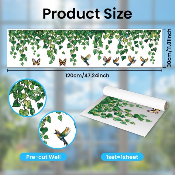 1 set Static Window Clings Vine and Bird 1 Sheet Reusable Window Decals for Glass 47.24" x 11.8" Removable Double Sided Window Sticker for Room Office Home Decoration