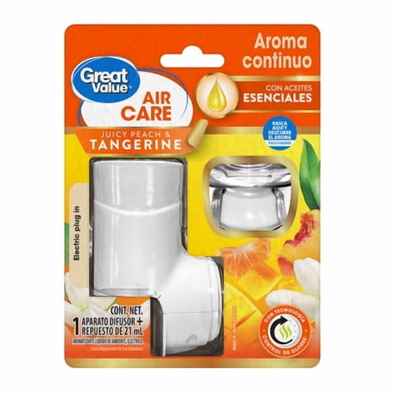 Aromatizante de ambiente continuo Great Value Juicy Peach & Tangerine 1 aparato difusor eléctrico y 1 repuesto