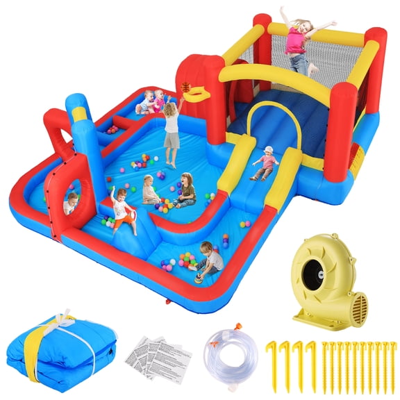 Funcid Bounce House 14.3x14.3FT, 10-in-1 Inflatable Obstacle Course, Jump Area, Ball Pit, Tunnel, Wet & Dry Use, With 520W Blower