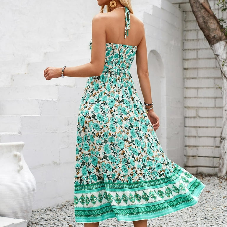 felwors Women's Maxi Dress Ditsy Floral Smocked Summer Sundress Sleeveless  Ruffled Spaghetti Straps Long Beach Formal Dress Green, L - Walmart.com
