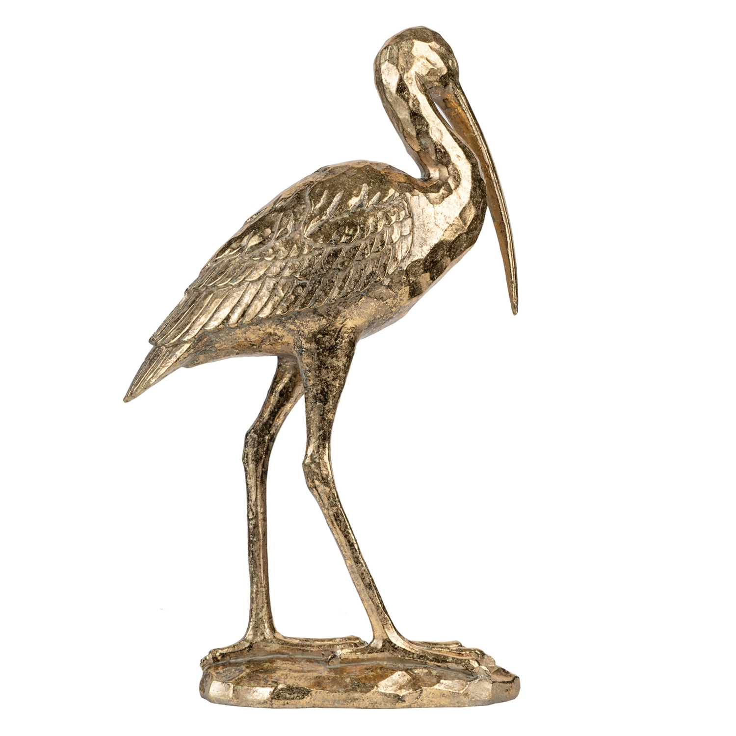 Standing Crane Figurine - 10" x 16" x 3.5" - Antique Gold