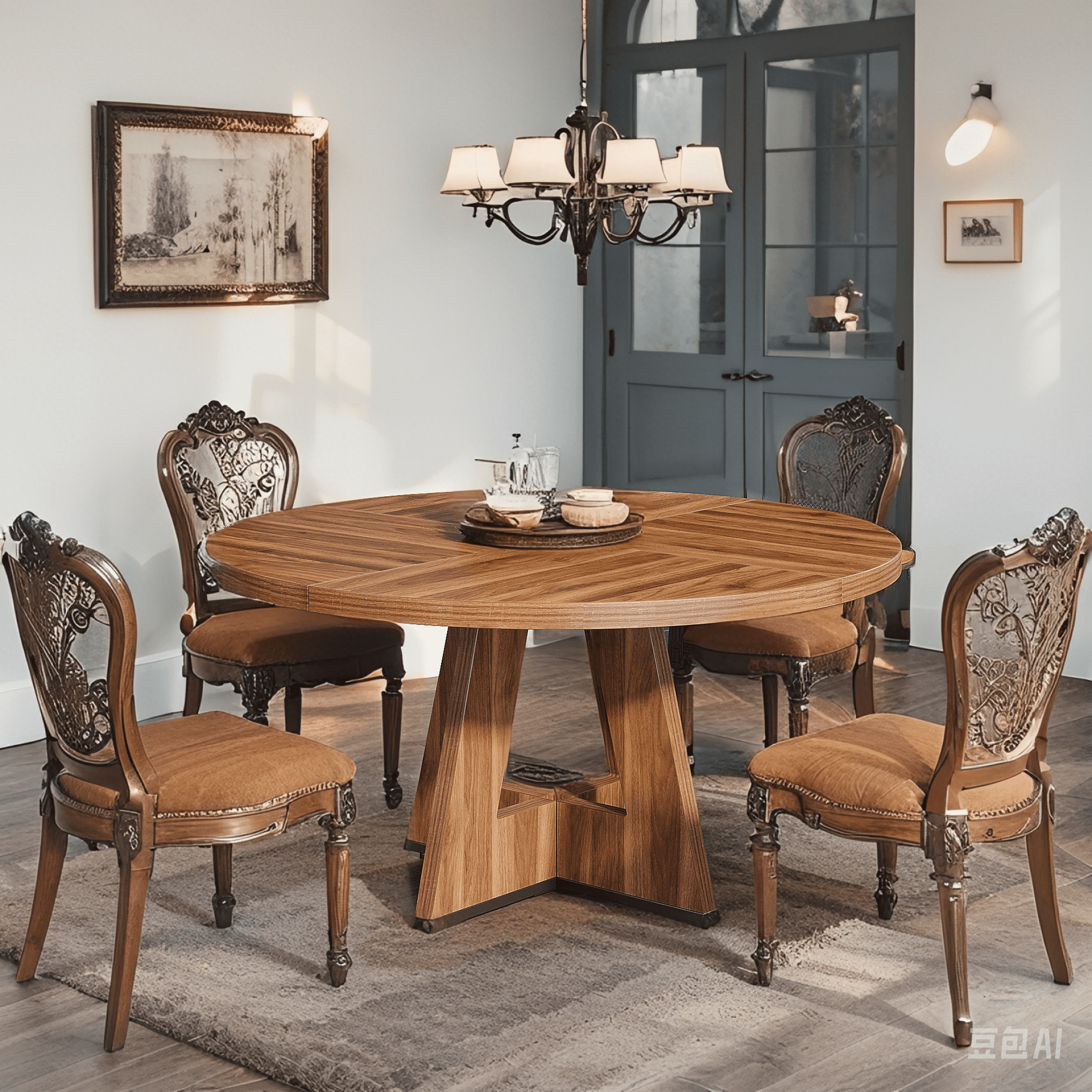 MAYEERTY 47 Inch Farmhouse Round Dining Table, Wooden Kitchen Dinner Table for 4 People with Sturdy Metal Frame