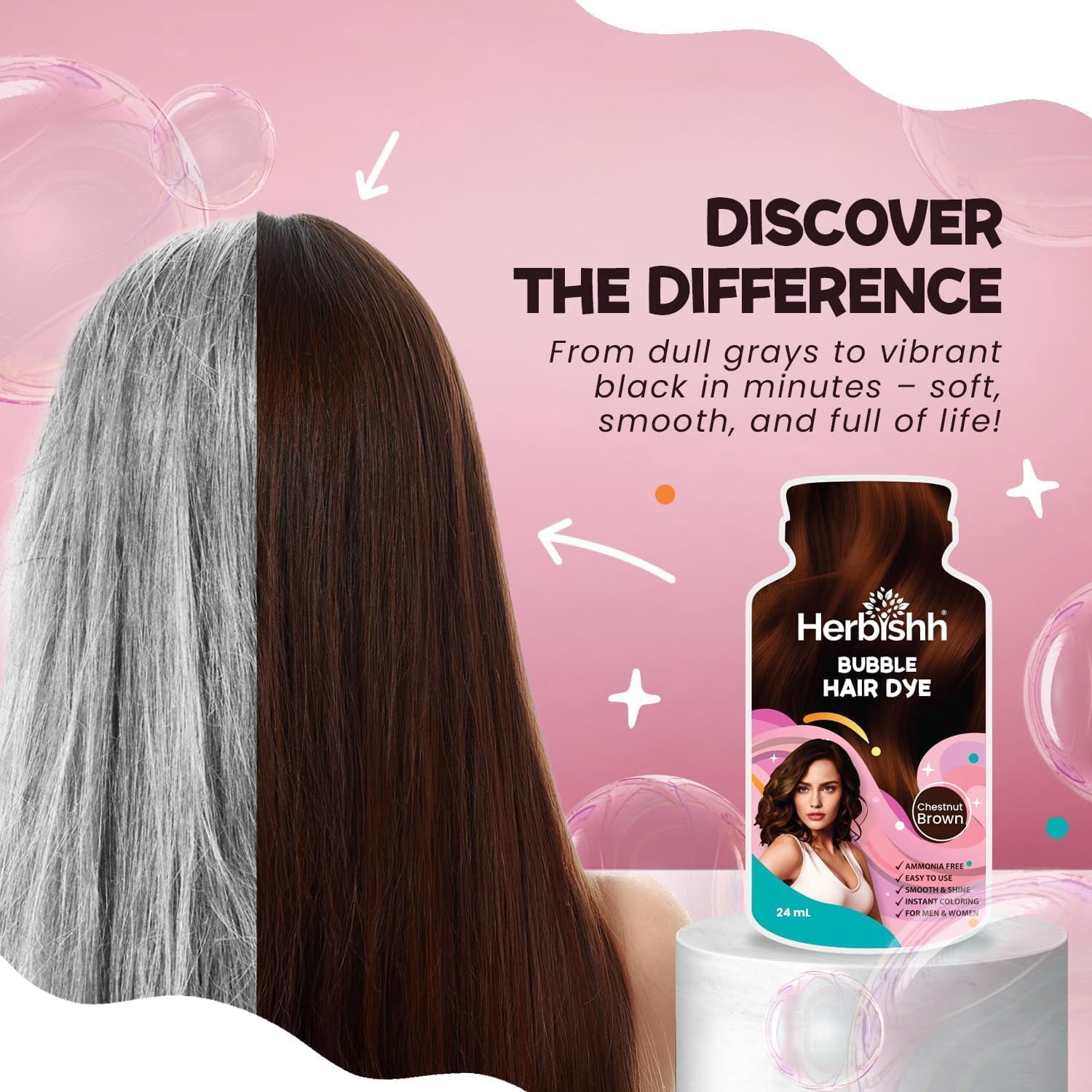 Herbishh Combo: Bubble Hair Dye Shampoo - Chestnut Brown & Argan Oil Hair Mask, 150ml | 3-in-1 Permanent Hair Color, 100% Gray Coverage, Ammonia-Free, Travel-Friendly