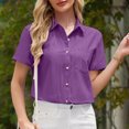 thumbnail image 2 of Olyvenn Womens Cotton Linen Short Sleeve Shirts Casual Button Down Collared V Neck Solid Blouses Summer Beach Work Tops 2025 Purple L, 2 of 6