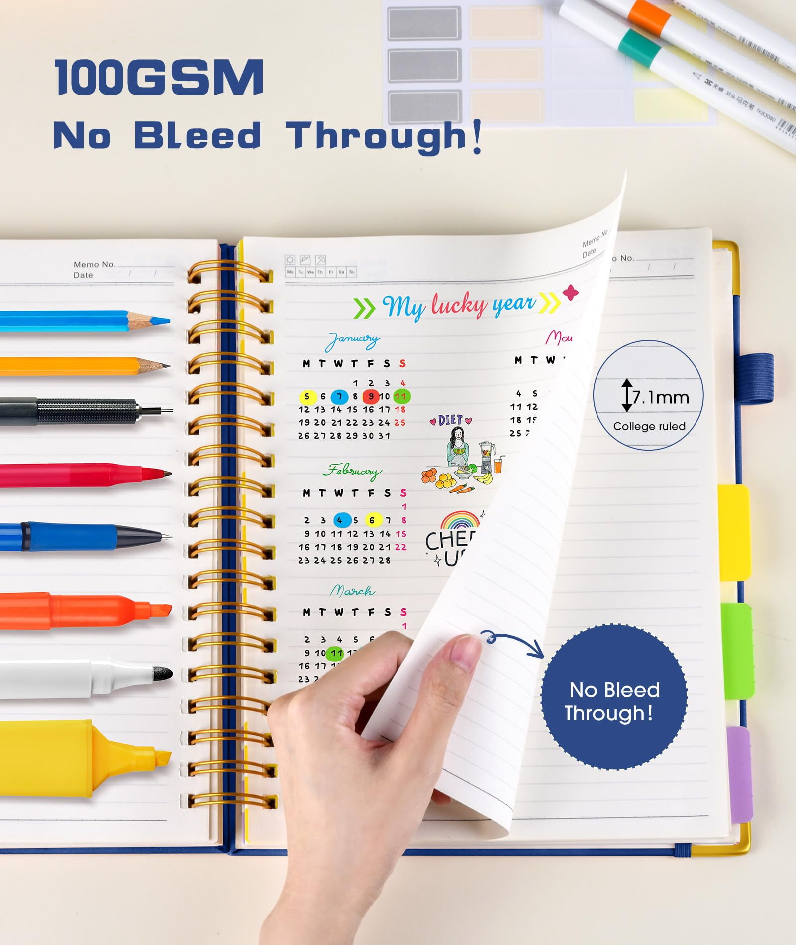 Notebook Journal with Removable Dividers Tabs, 300 Pages Leather 5 Subject Notebook College Ruled, 8"x10" Large B5 Notebooks for Work School Note taking, Lined Journal for Women
