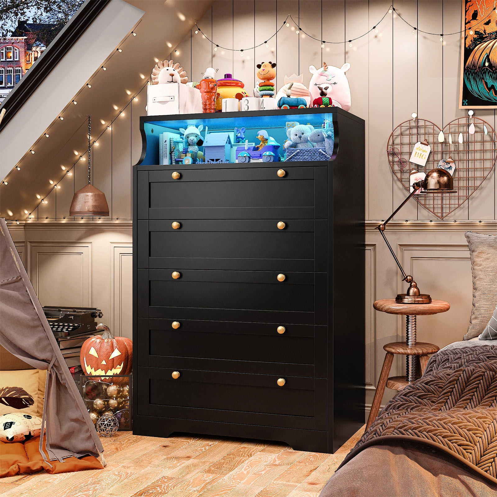 "EnHomee Black Dresser, Solid Wood, 5 Deep Drawers, 31.7""L x 48.6""H, LED Light & Open Shelf, Modern Storage Furniture"  (图3)