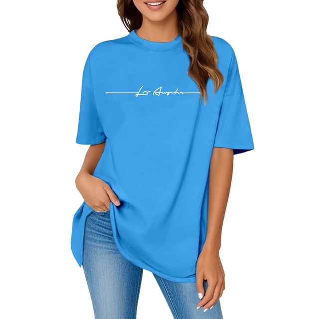 Camiseta oversize con estampado de letras para mujer: cuello redondo, manga corta, blusa holgada informal, ropa deportiva de verano, tallas S/XXL.