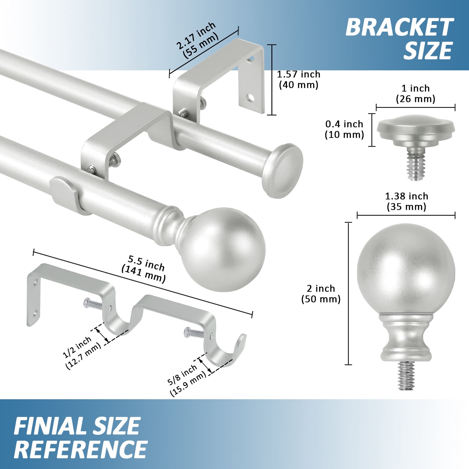 Urbanest Adjustable Double Curtain Rod Set Metal with Decorative Ball Finials, Heavy-Duty, 48"-84", Antique Silver/Pewter