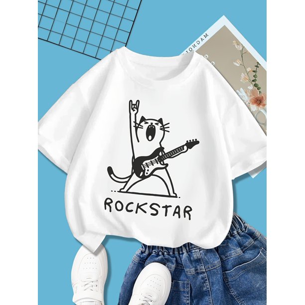 Girls' Rockstar Cat Guitar Graphic T-Shirt - 100% Cotton Stretch, Breathable Summer Casual Tee with Round Neck, Machine Washable for Youngsters 8-14 Years, Guitar T Shirt