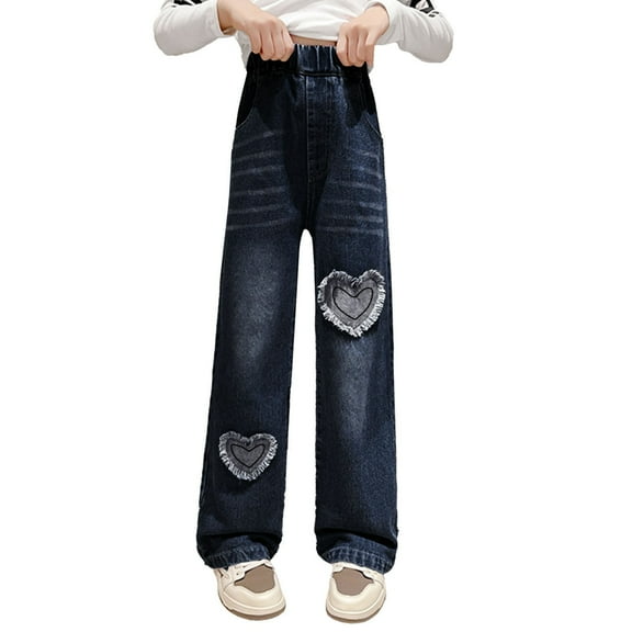 Ruyang Girls Baggy Jeans Denim Pants Wide Leg Denim Pant Ripped High Waist Elastic Casual Pants with Pockets for Kids