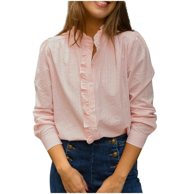 Camisas de Manga Larga de Mujer Color Sólido Stand-Up Collar Flounce Diseño, Camisa de Primavera Y Verano de Poliéster Casual
