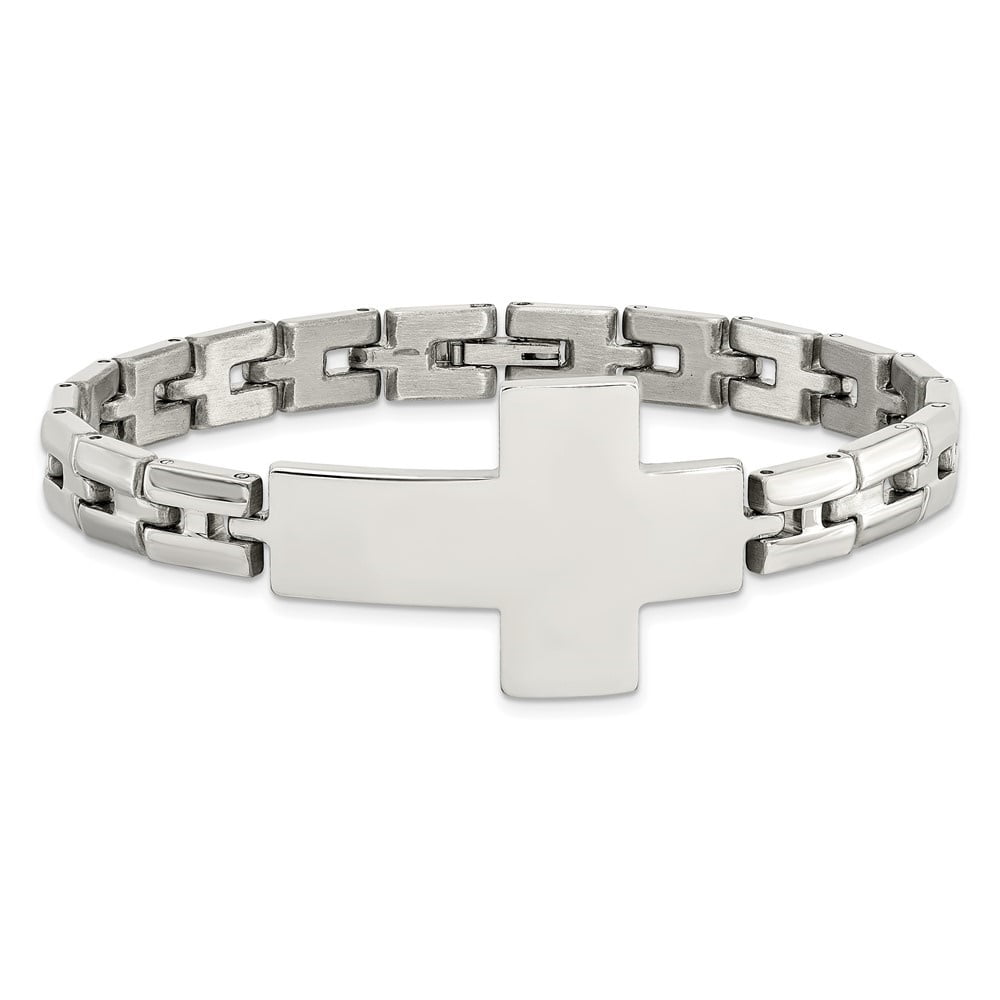Diamond2Deal Stainless Steel Polished Cross Link Bracelet for Men 8"