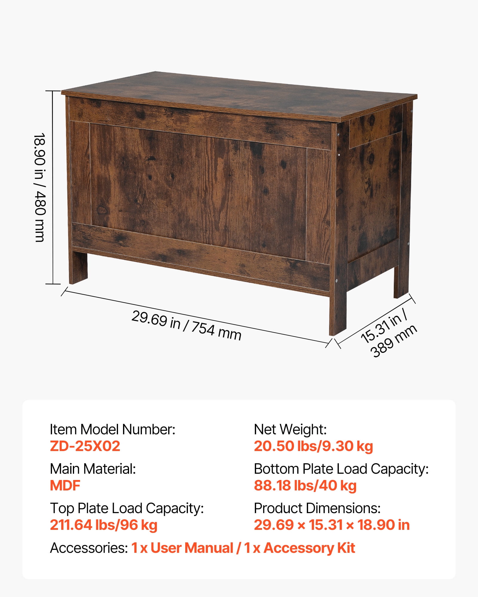 VEVOR Kids Storage Bench, Wooden Toy Box Chest, Large Storage Cabinet with Safety Hinge, Toddlers Retro Storage Bench for Playroom, Living Room or Entryway, 29.7 x 15.3 x 18.9", Easy Assembly, Brown