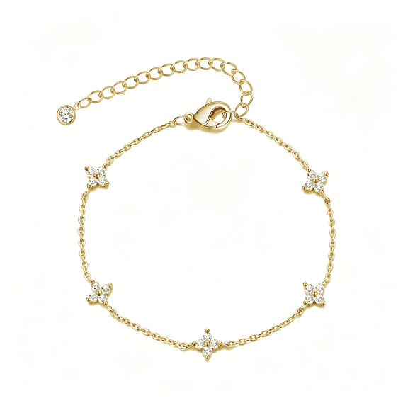 DESIGNICE Bracelets for Women 14K Real Gold Plated Bracelet Small Clover Flower Charm Cubic Zirconia Pendant Stackable Link Chain Hypoallergenic Body Jewelry Cute Trendy Gifts